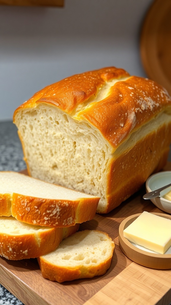 Easy Bread Machine Recipe for 1.5 Pound Loaf A golden-brown loaf of bread sliced on a wooden board with butter.